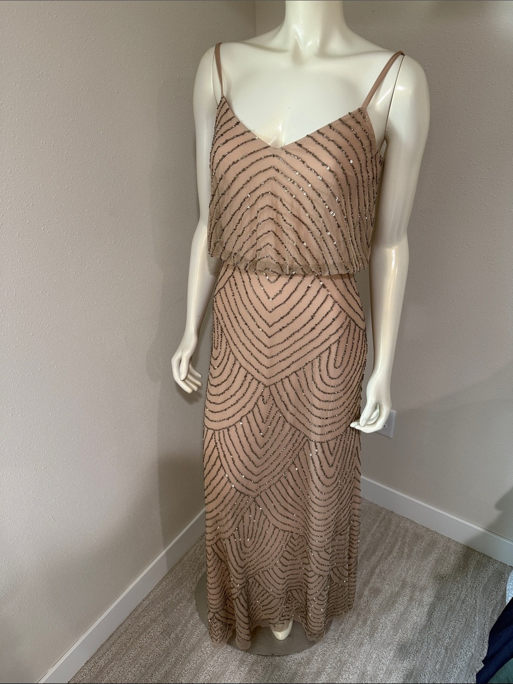 Adrianna Papell Blush-Tan Beaded V-Neck Maxi Dress